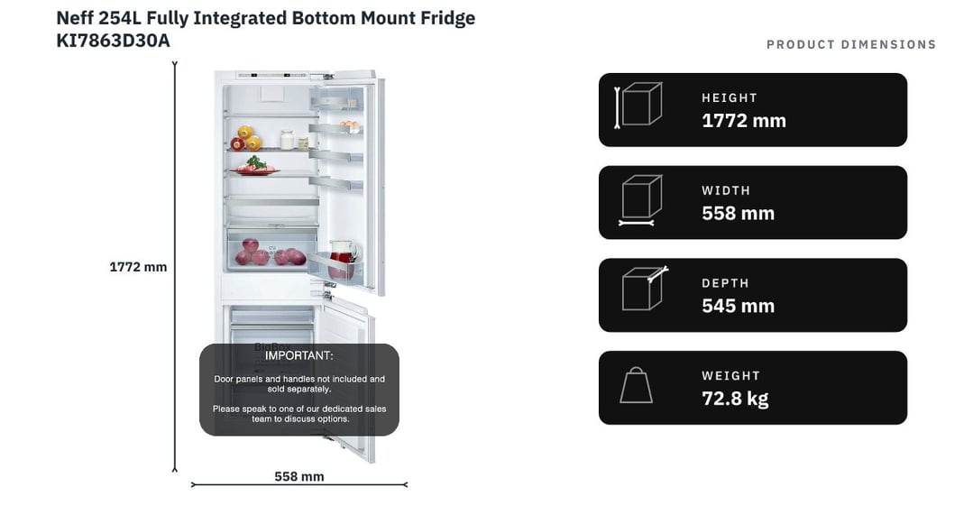 Neff 254L Fully Integrated Bottom Mount Fridge KI7863D30A — product dimensions