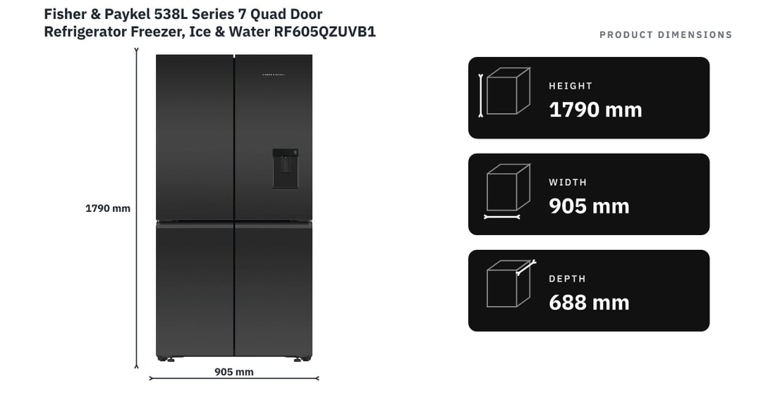Fisher & Paykel 538L Series 7 Quad Door Refrigerator Freezer, Ice & Water RF605QZUVB1 — product dimensions