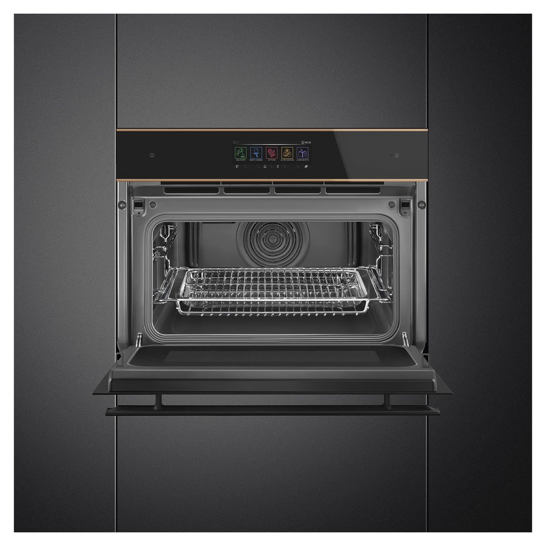 Built-in compact microwave oven with door open, showing interior and rack