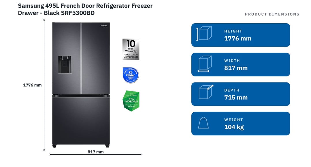 Samsung 495L French Door Refrigerator Freezer Drawer - Black SRF5300BD