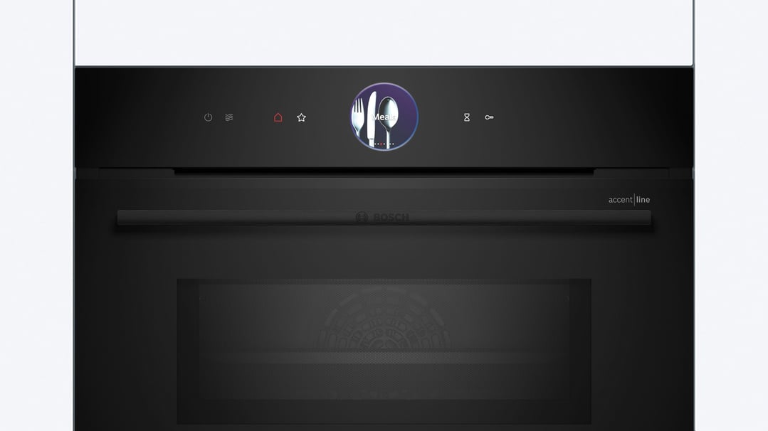 Black Bosch accent line compact combination oven with microwave, showing the display