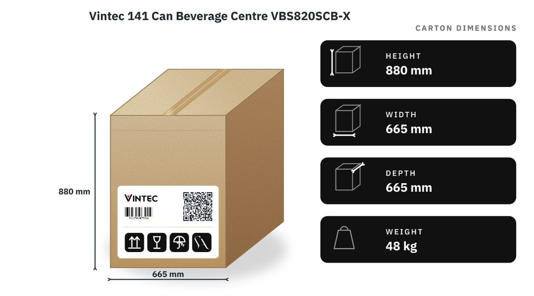 Vintec 141 Can Beverage Centre VBS820SCB-X — packaged dimensions