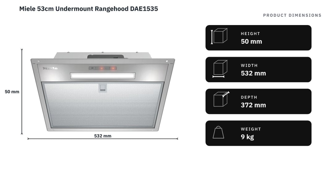 Miele 53cm Undermount Rangehood DAE1535 — product dimensions