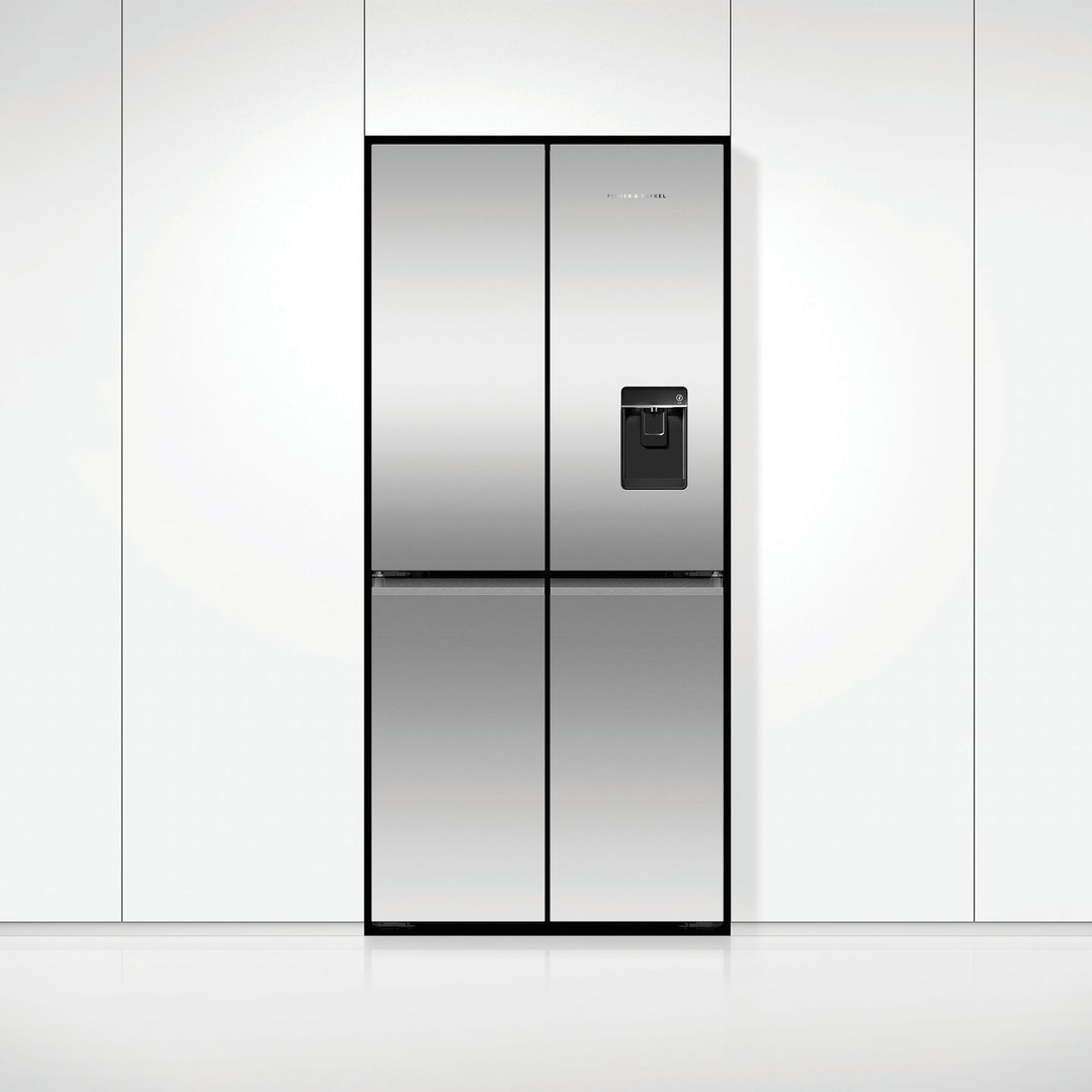 Stainless steel quad door refrigerator freezer with ice and water dispenser