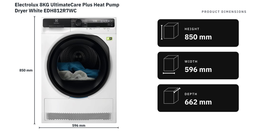 Electrolux 8KG UltimateCare Plus Heat Pump Dryer White EDH812R7WC — product dimensions