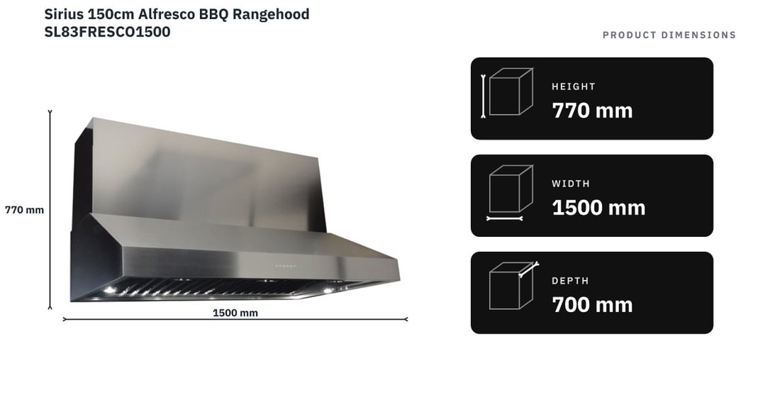 Sirius 150cm Alfresco BBQ Rangehood SL83FRESCO1500 — product dimensions