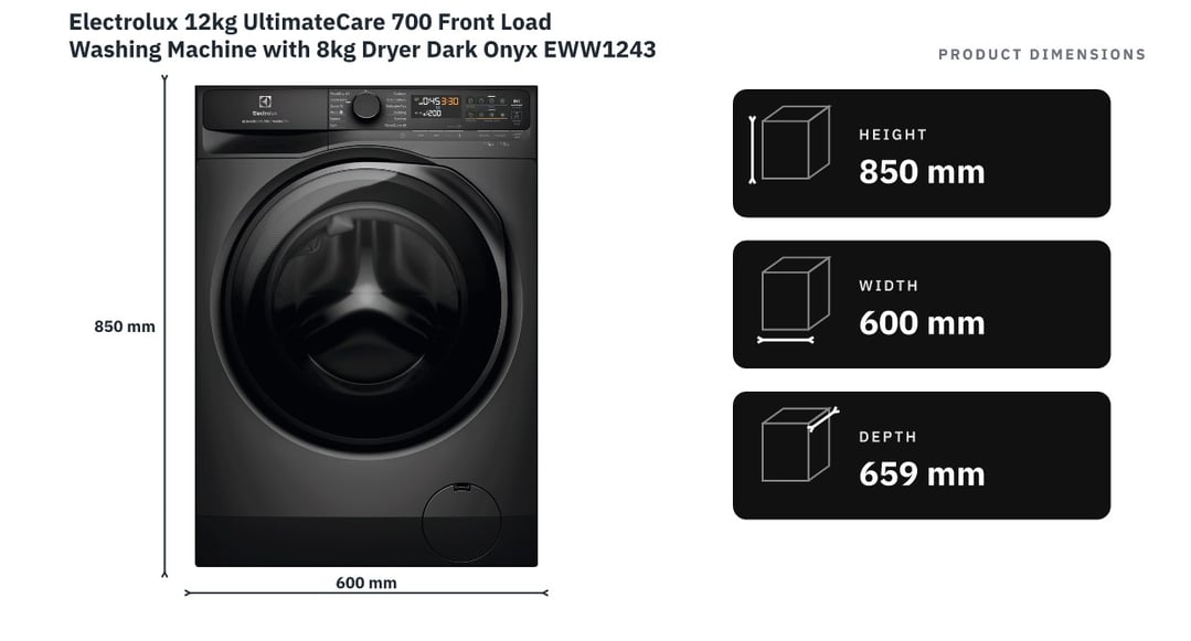 Electrolux 12kg UltimateCare 700 Front Load Washing Machine with 8kg Dryer Dark Onyx EWW1243R7SCS — product dimensions