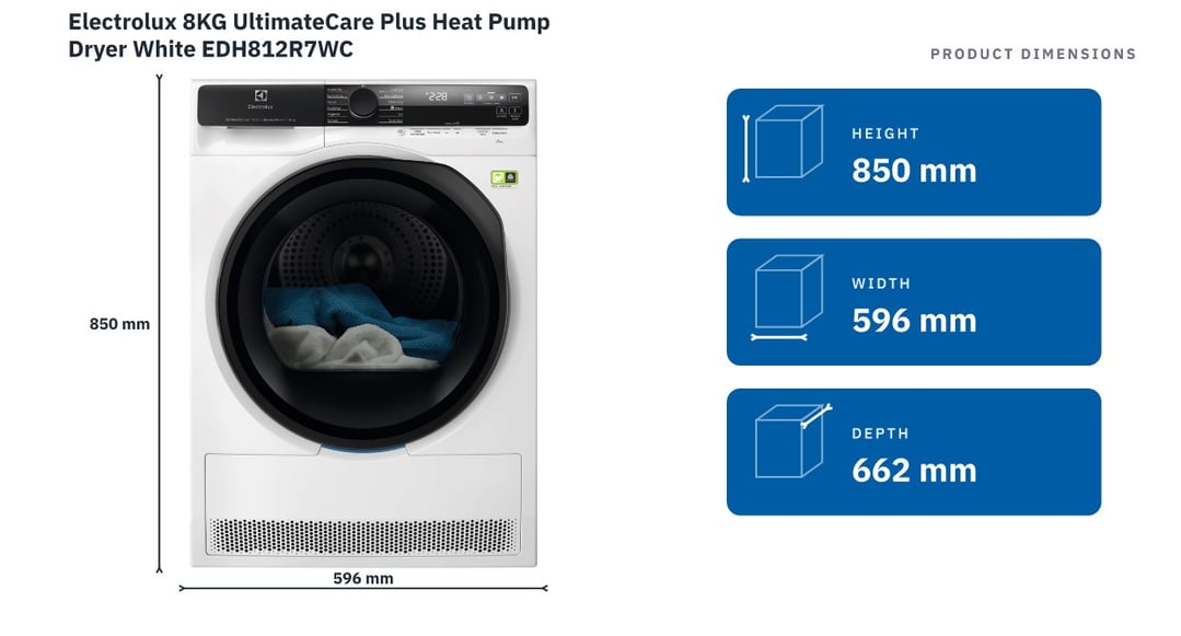 Electrolux 8KG UltimateCare Plus Heat Pump Dryer White EDH812R7WC — product dimensions