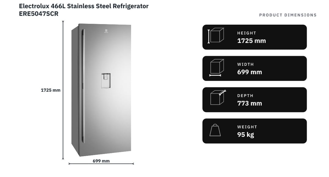 Electrolux 466L Stainless Steel Refrigerator ERE5047SCR — product dimensions