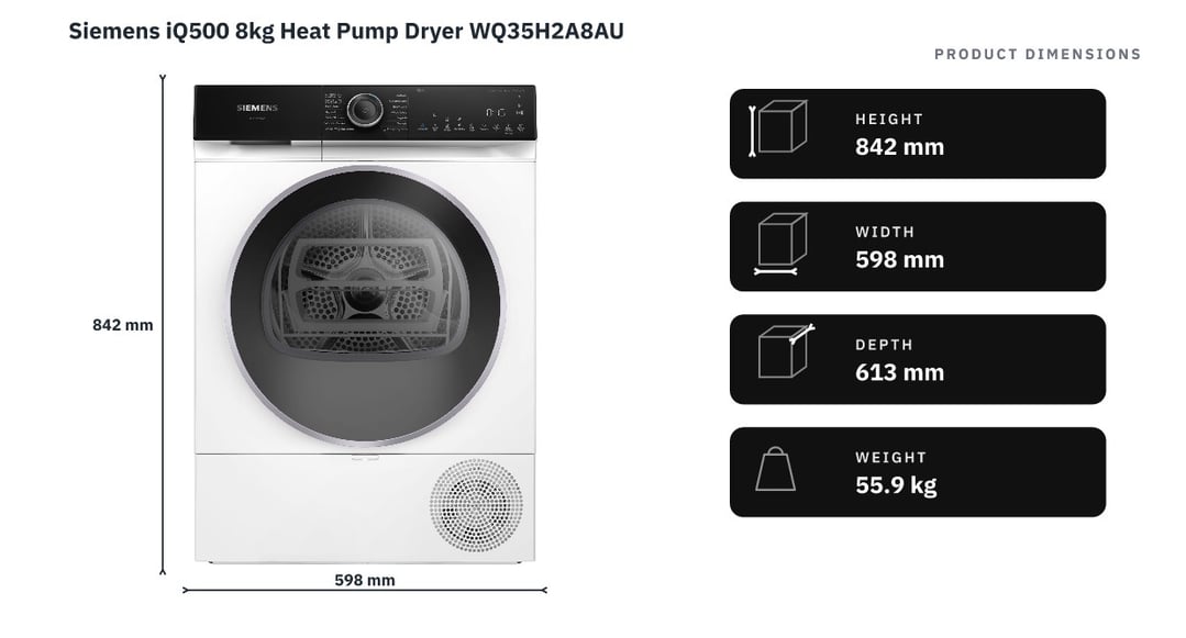 Siemens iQ500 8kg Heat Pump Dryer WQ35H2A8AU — product dimensions