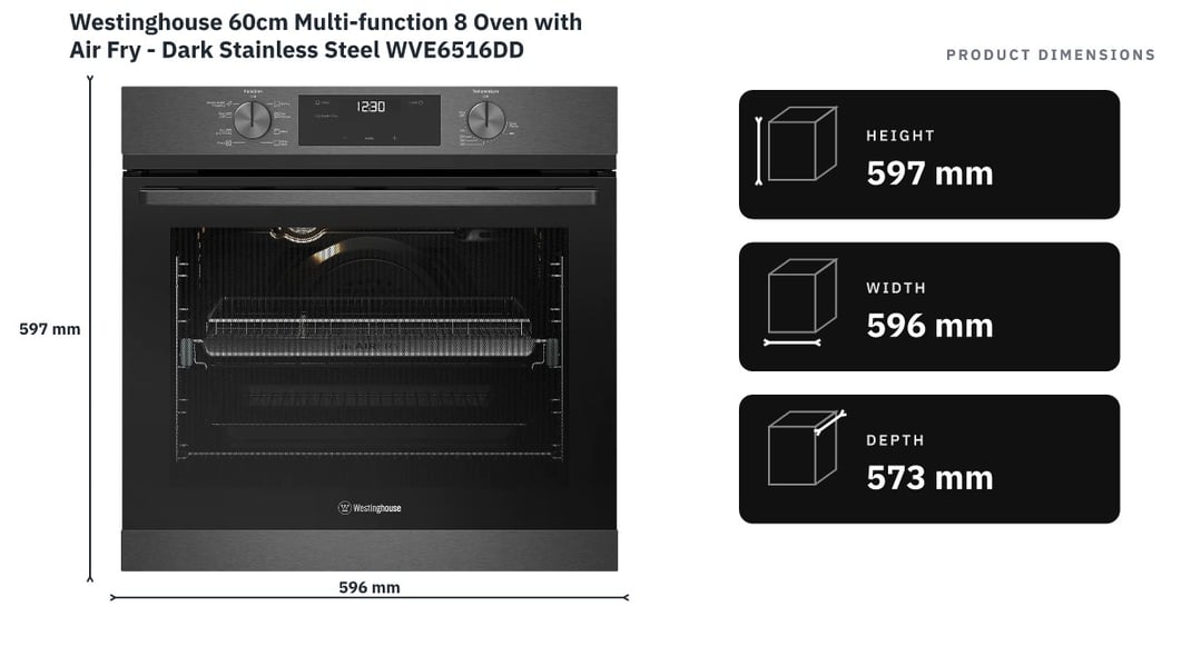 Westinghouse 60cm Multi-function 8 Oven with Air Fry - Dark Stainless Steel WVE6516DD — product dimensions