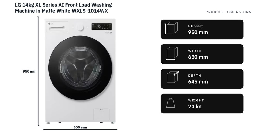 LG 14kg XL Series AI Front Load Washing Machine in Matte White WXLS-1014WX — product dimensions