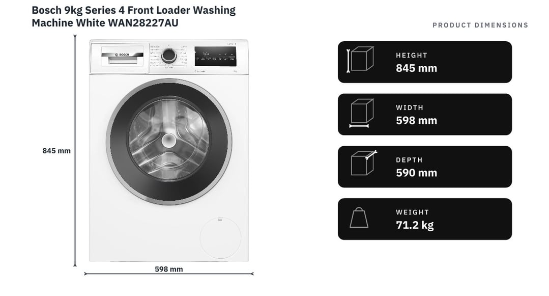 Bosch 9kg Series 4 Front Loader Washing Machine White WAN28227AU — product dimensions