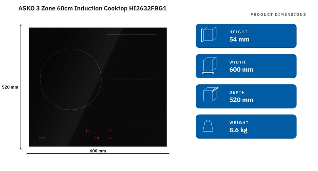 ASKO 3 Zone 60cm Induction Cooktop HI2632FBG1 — product dimensions