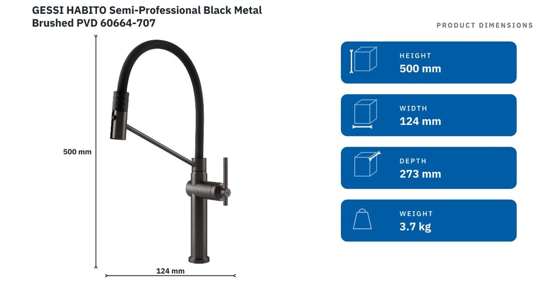 GESSI HABITO Semi-Professional Black Metal Brushed PVD 60664-707 — product dimensions
