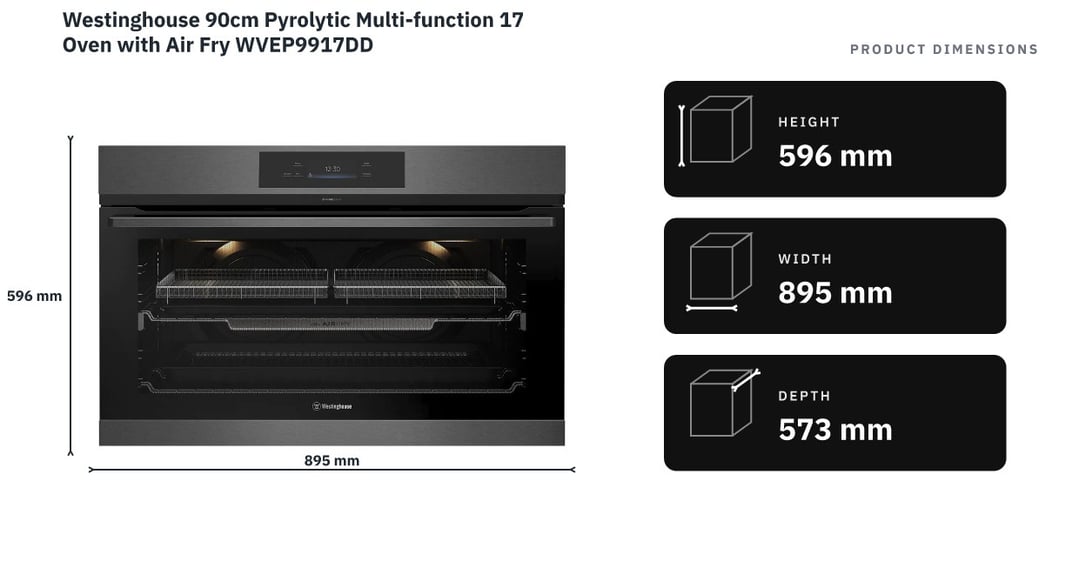 Westinghouse 90cm Pyrolytic Multi-function 17 Oven with Air Fry WVEP9917DD — product dimensions
