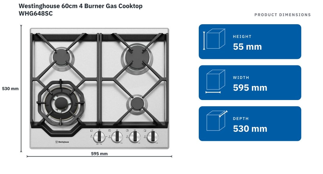 Westinghouse 60cm 4 Burner Gas Cooktop WHG648SC — product dimensions