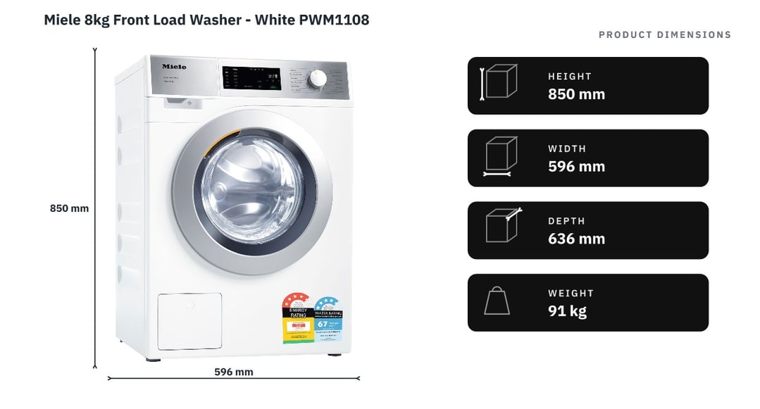 Miele 8kg Front Load Washer - White PWM1108 — product dimensions