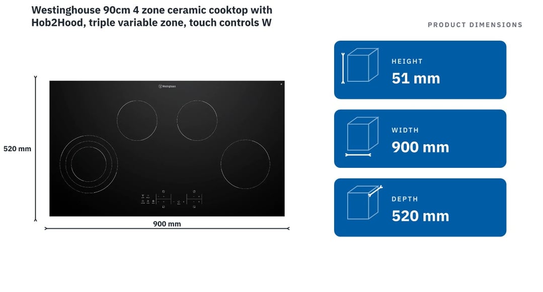Westinghouse 90cm 4 zone ceramic cooktop with Hob2Hood, triple variable zone, touch controls WHC943BD