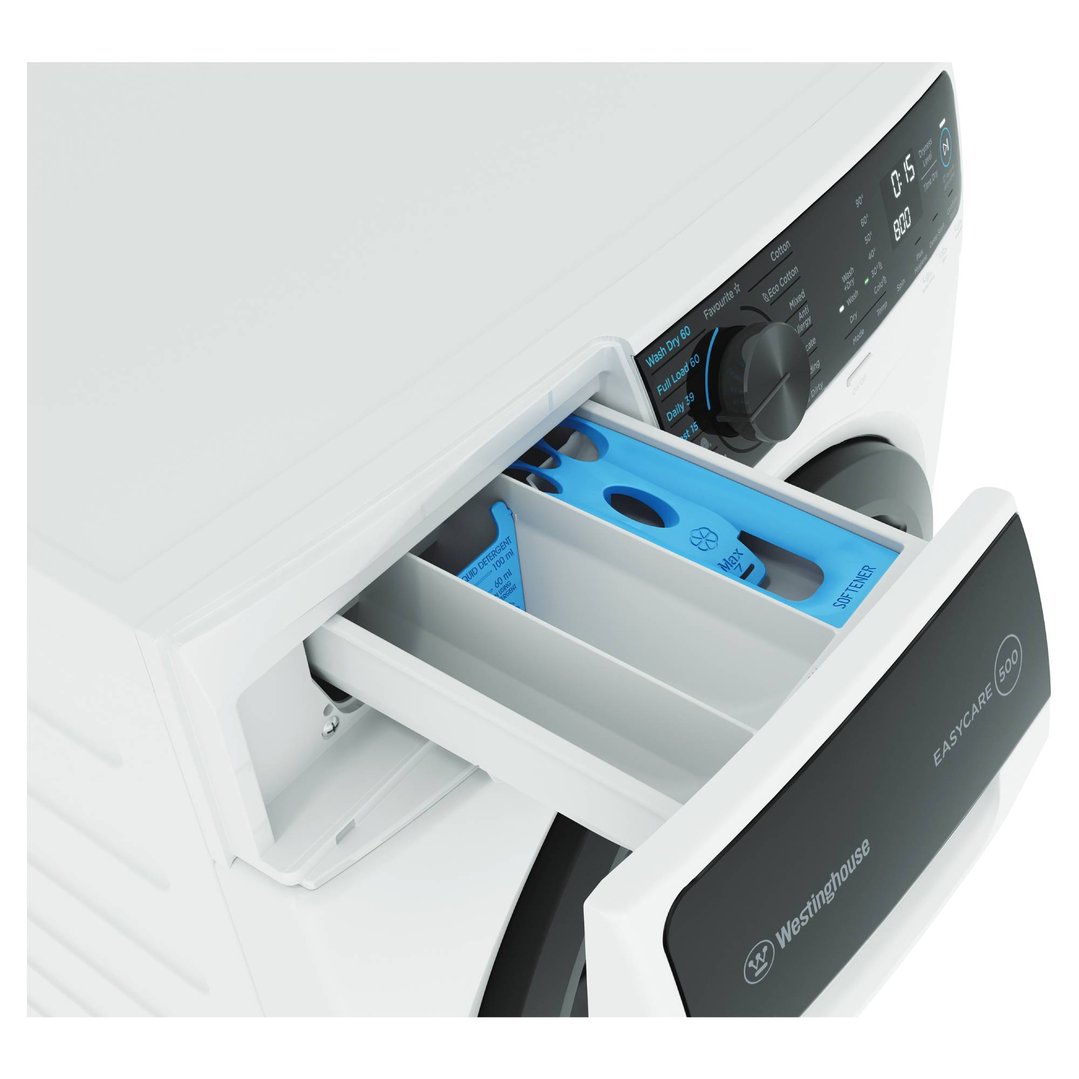Close up of a white washing machine with the detergent drawer open