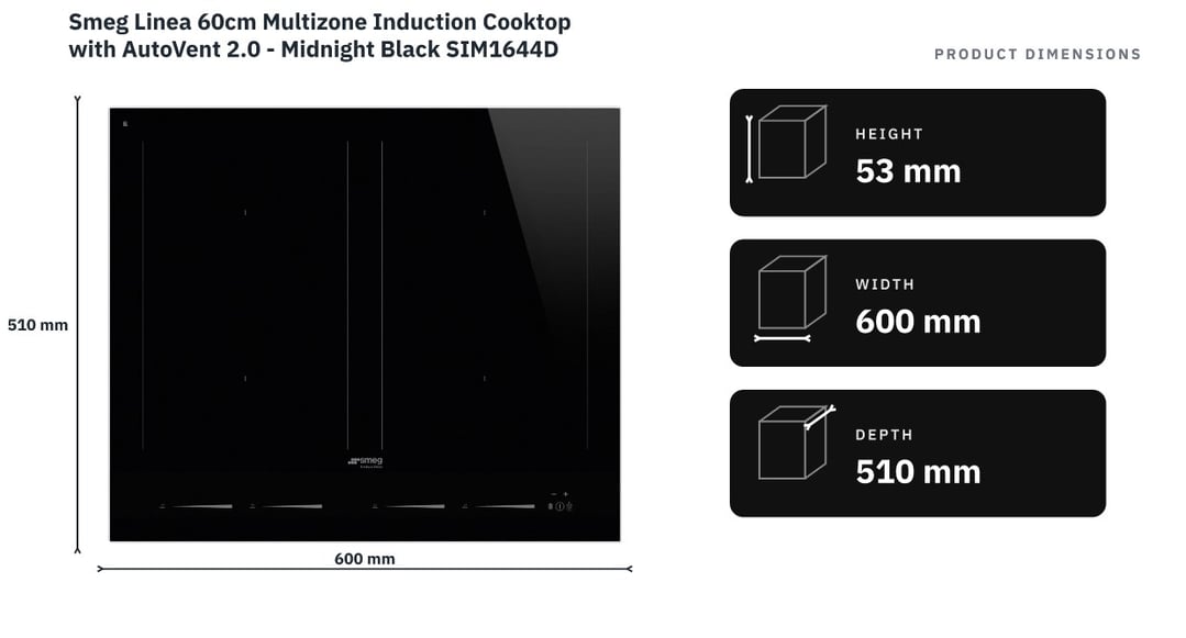 Smeg Linea 60cm Multizone Induction Cooktop with AutoVent 2.0 - Midnight Black SIM1644D — product dimensions