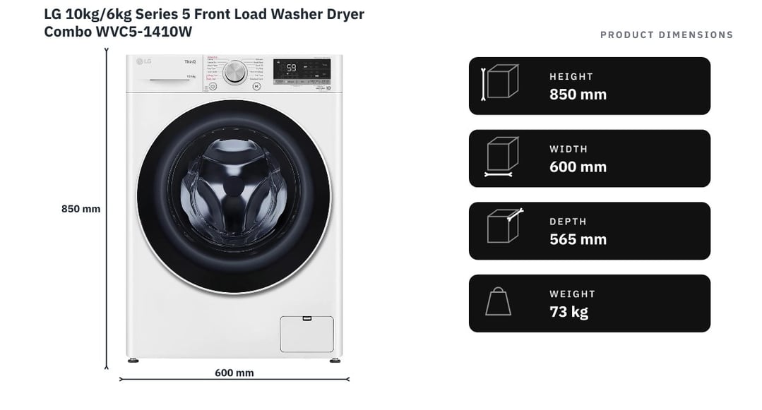 LG 10kg/6kg Series 5 Front Load Washer Dryer Combo WVC5-1410W — product dimensions