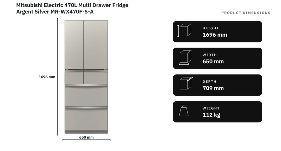 Mitsubishi Electric 470L Multi Drawer Fridge Argent Silver MR-WX470F-S-A — product dimensions