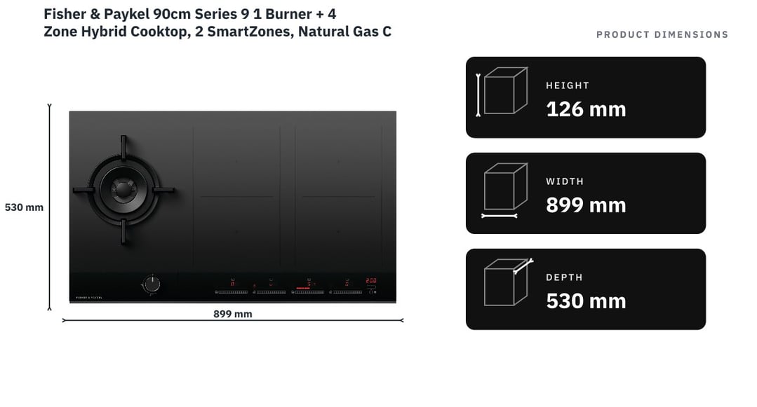 Fisher & Paykel 90cm Series 9 1 Burner + 4 Zone Hybrid Cooktop, 2 SmartZones, Natural Gas CGI905DNGTB4 — product dimensions
