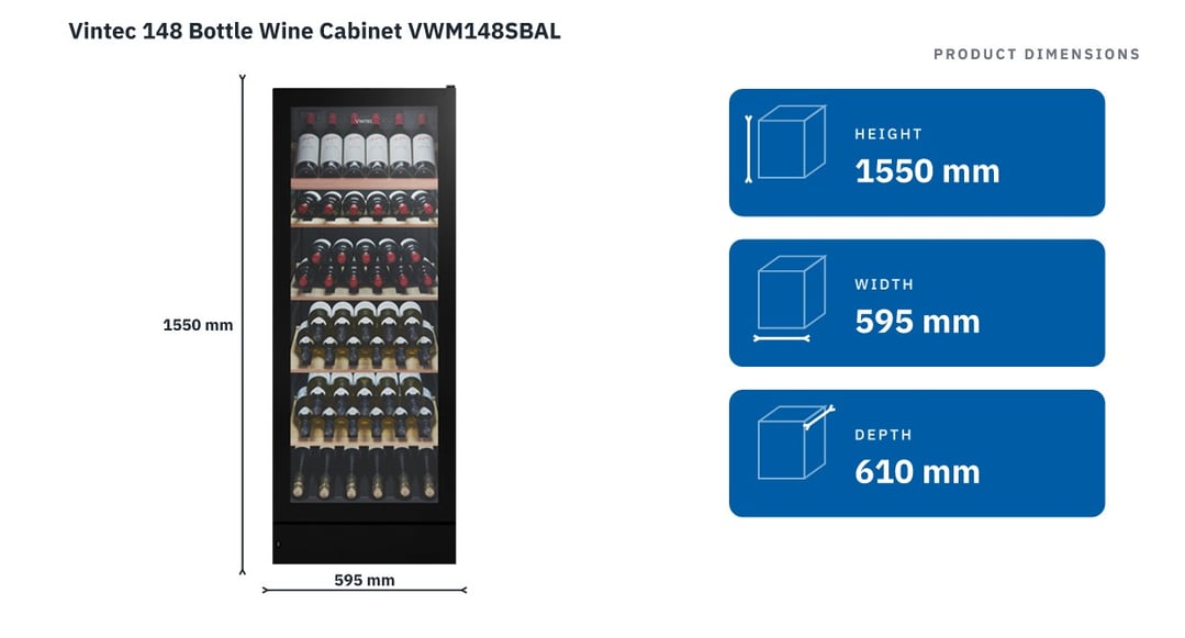 Vintec 148 Bottle Wine Cabinet VWM148SBAL — product dimensions