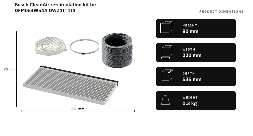 Bosch CleanAir re-circulation kit for DFM064W54A DWZ1IT1I4 — product dimensions