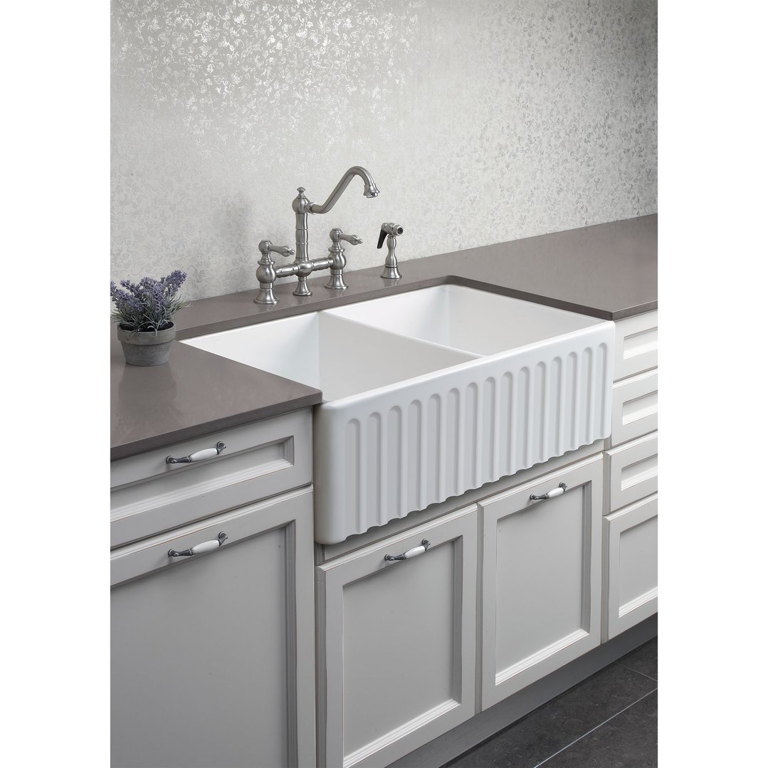 Turner Hastings Novi 85x46 Double Bowl Fireclay Butler Sink - Gloss White NO85FS