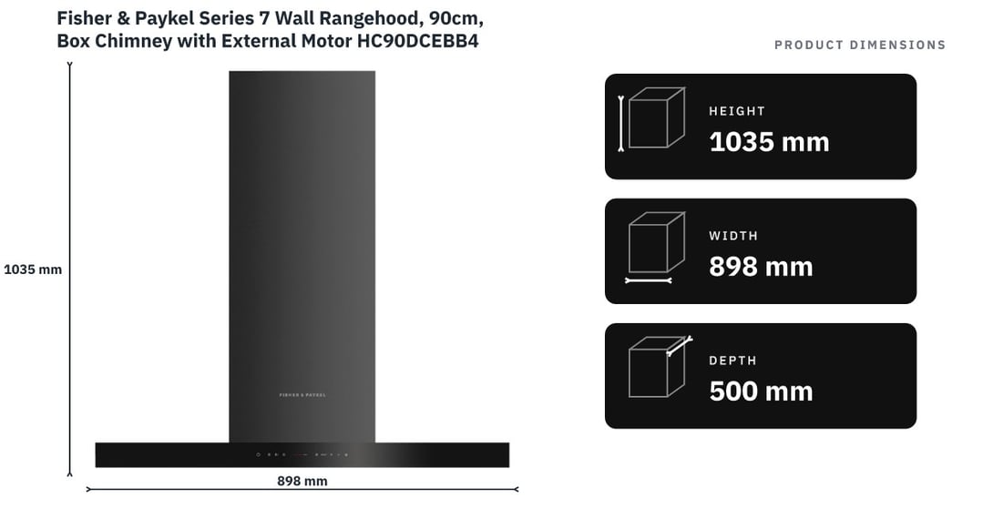 Fisher & Paykel Series 7 Wall Rangehood, 90cm, Box Chimney with External Motor HC90DCEBB4 — product dimensions