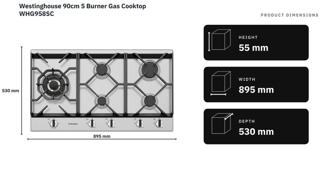 Westinghouse 90cm 5 Burner Gas Cooktop WHG958SC — product dimensions