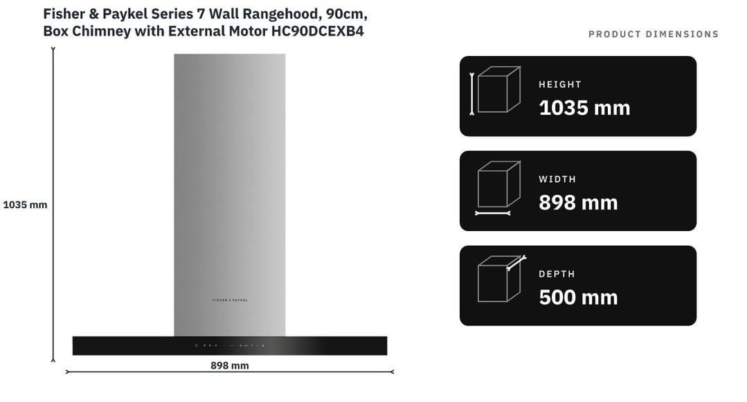 Fisher & Paykel Series 7 Wall Rangehood, 90cm, Box Chimney with External Motor HC90DCEXB4 — product dimensions