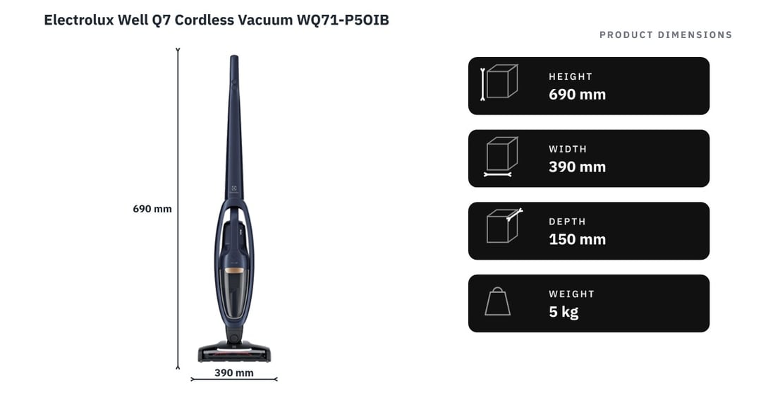 Electrolux Well Q7 Cordless Vacuum WQ71-P5OIB — product dimensions