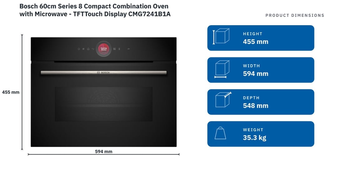 Bosch 60cm Series 8 Compact Combination Oven with Microwave - TFTTouch Display CMG7241B1A — product dimensions