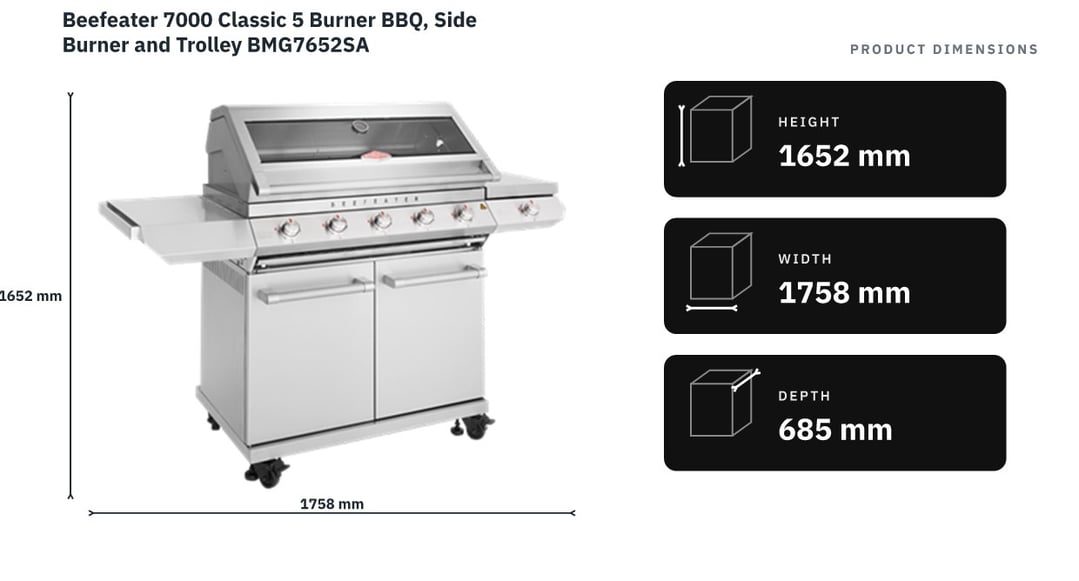 Beefeater 7000 Classic 5 Burner BBQ, Side Burner and Trolley BMG7652SA — product dimensions
