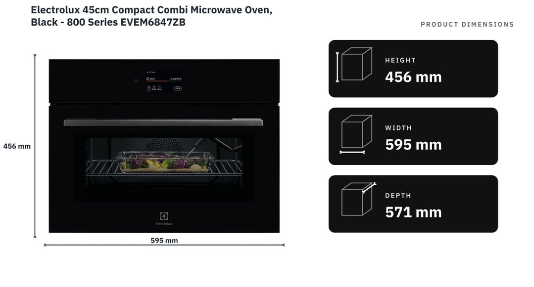 Electrolux 45cm Compact Combi Microwave Oven, Black - 800 Series EVEM6847ZB — product dimensions