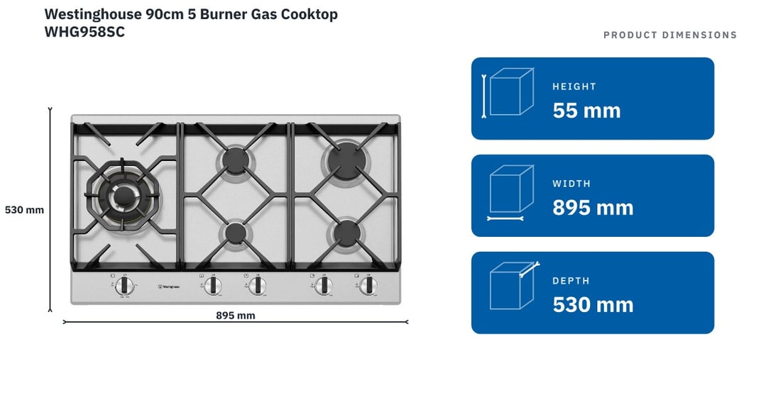 Westinghouse 90cm 5 Burner Gas Cooktop WHG958SC