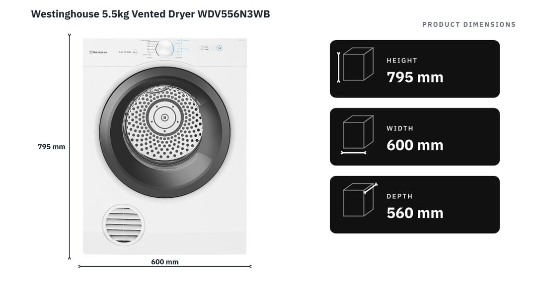 Westinghouse 5.5kg Vented Dryer WDV556N3WB — product dimensions
