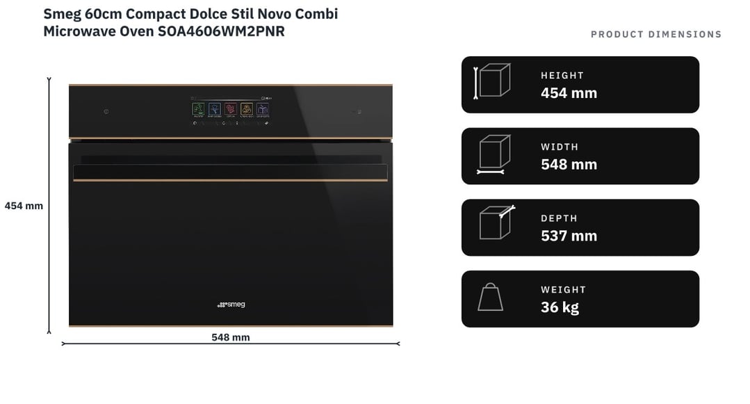 Smeg 60cm Compact Dolce Stil Novo Combi Microwave Oven SOA4606WM2PNR — product dimensions
