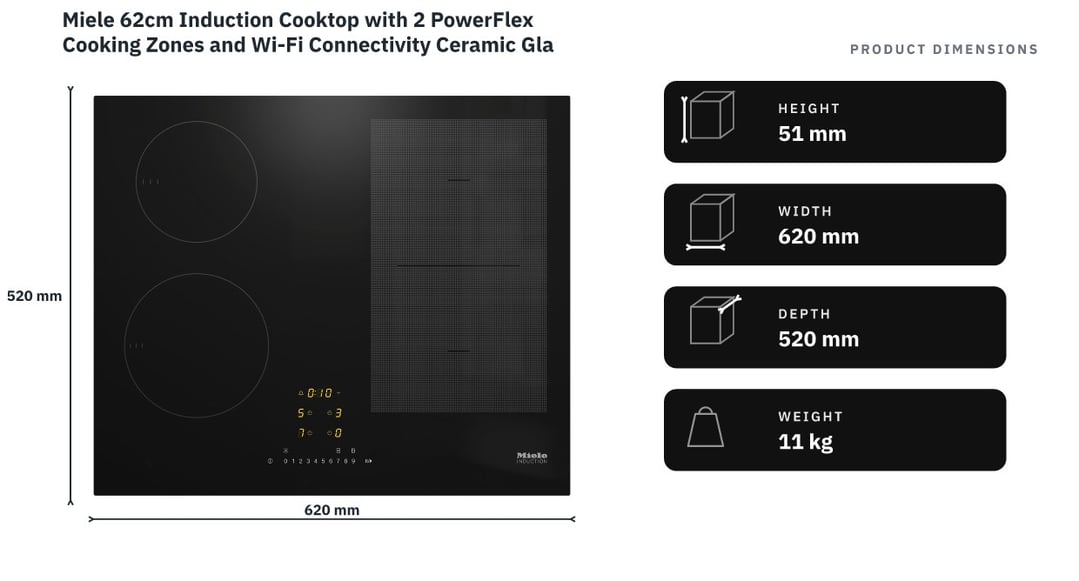 Miele 62cm Induction Cooktop with 2 PowerFlex Cooking Zones and Wi-Fi Connectivity Ceramic Glass KM7464FL — product dimensions