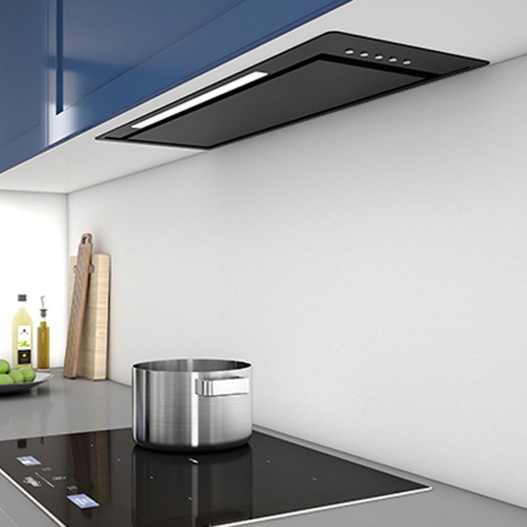 Black glass rangehood installed above an induction cooktop with a pot