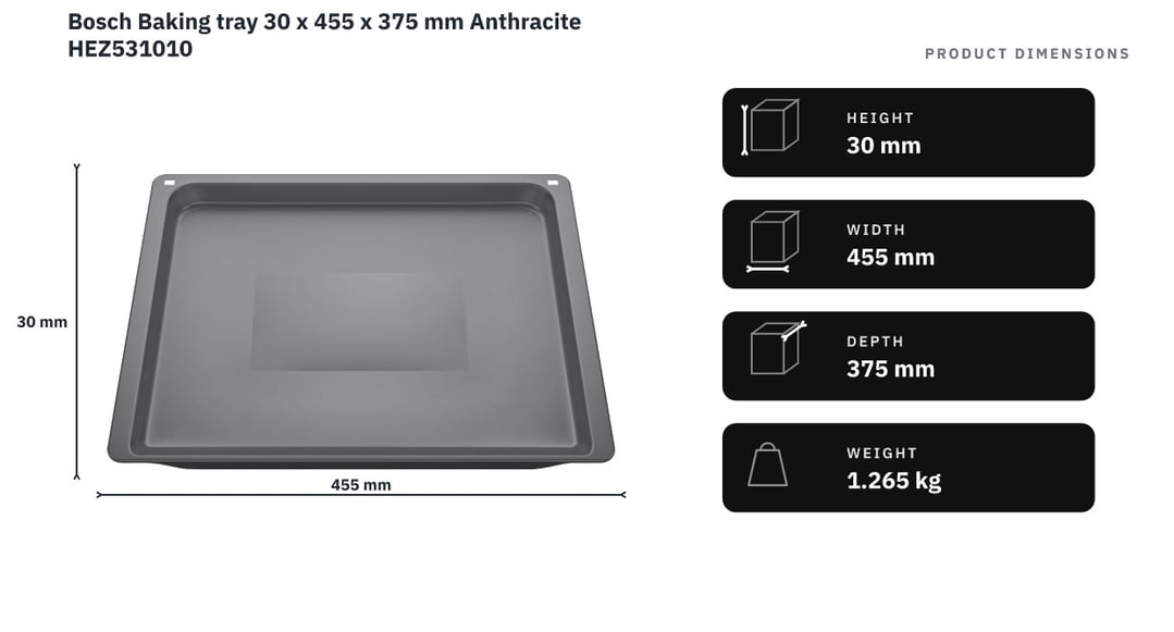 Bosch Baking tray 30 x 455 x 375 mm Anthracite HEZ531010 — product dimensions