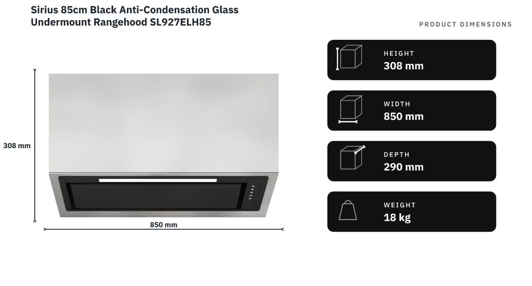 Sirius 85cm Black Anti-Condensation Glass Undermount Rangehood SL927ELH85 — product dimensions
