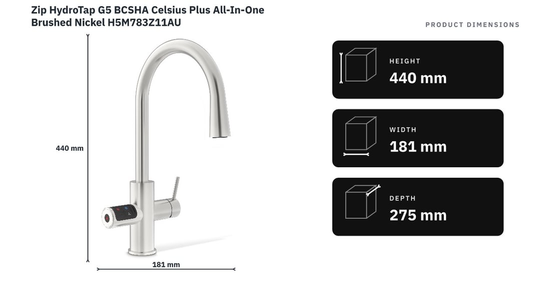 Zip HydroTap G5 BCSHA Celsius Plus All-In-One Brushed Nickel H5M783Z11AU — product dimensions