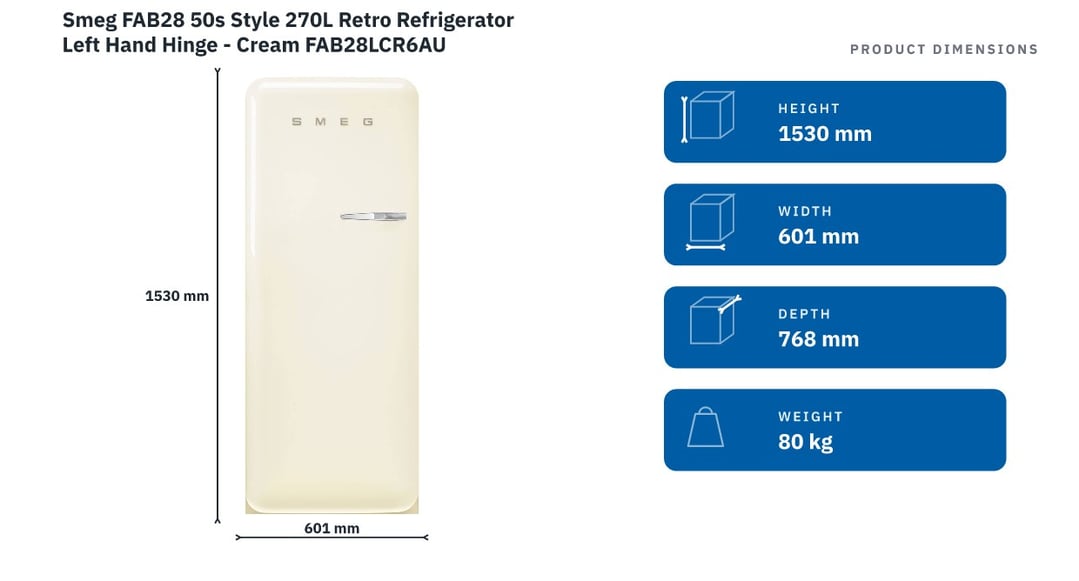 Smeg FAB28 50s Style 270L Retro Refrigerator Left Hand Hinge - Cream FAB28LCR6AU