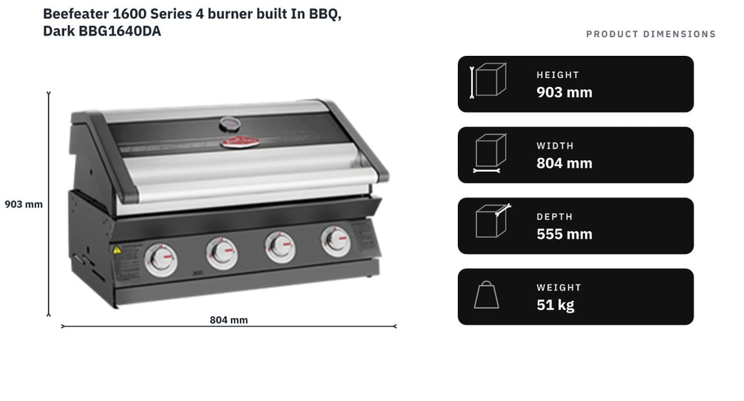 Beefeater 1600 Series 4 burner built In BBQ, Dark BBG1640DA — product dimensions