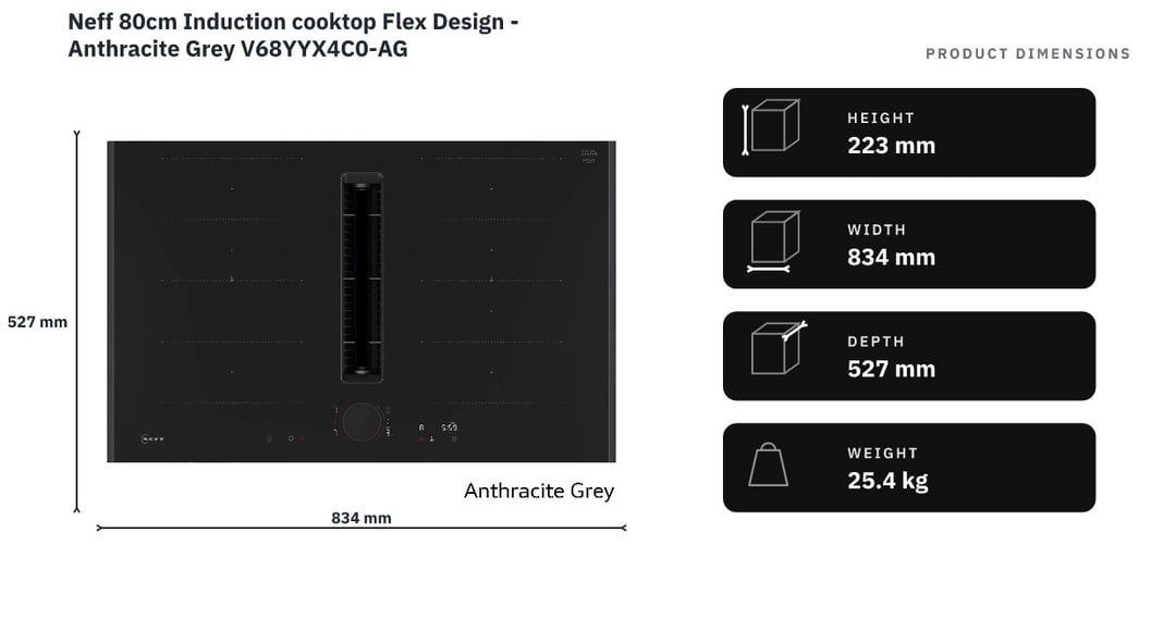Neff 80cm Induction cooktop Flex Design - Anthracite Grey V68YYX4C0-AG — product dimensions
