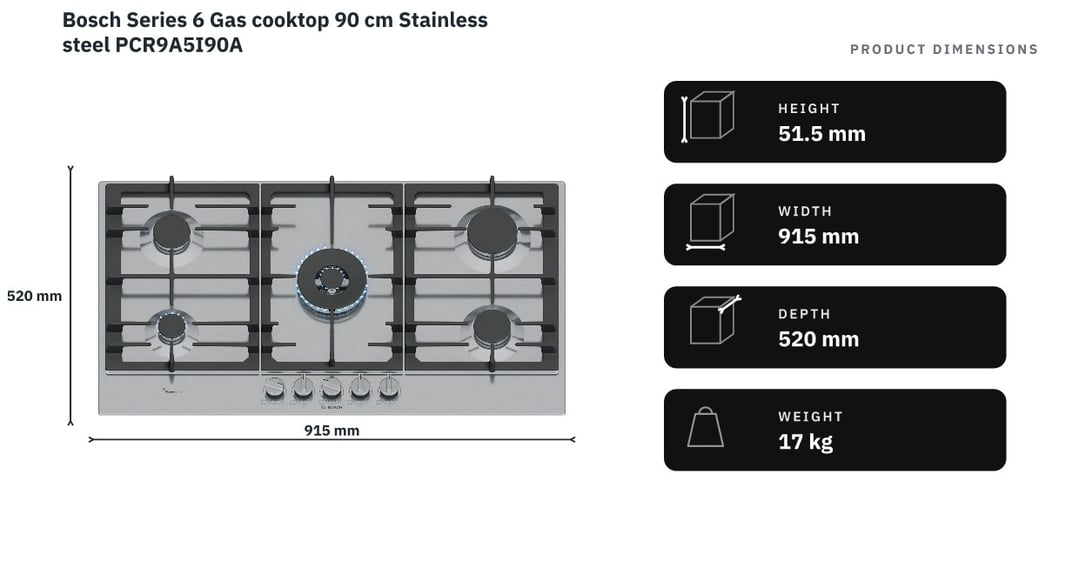 Bosch Series 6 Gas cooktop 90 cm Stainless steel PCR9A5I90A — product dimensions